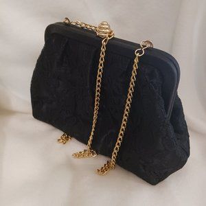 Stunning Vintage Black Lace Beehive Clasp Evening Bag With Satin Trim